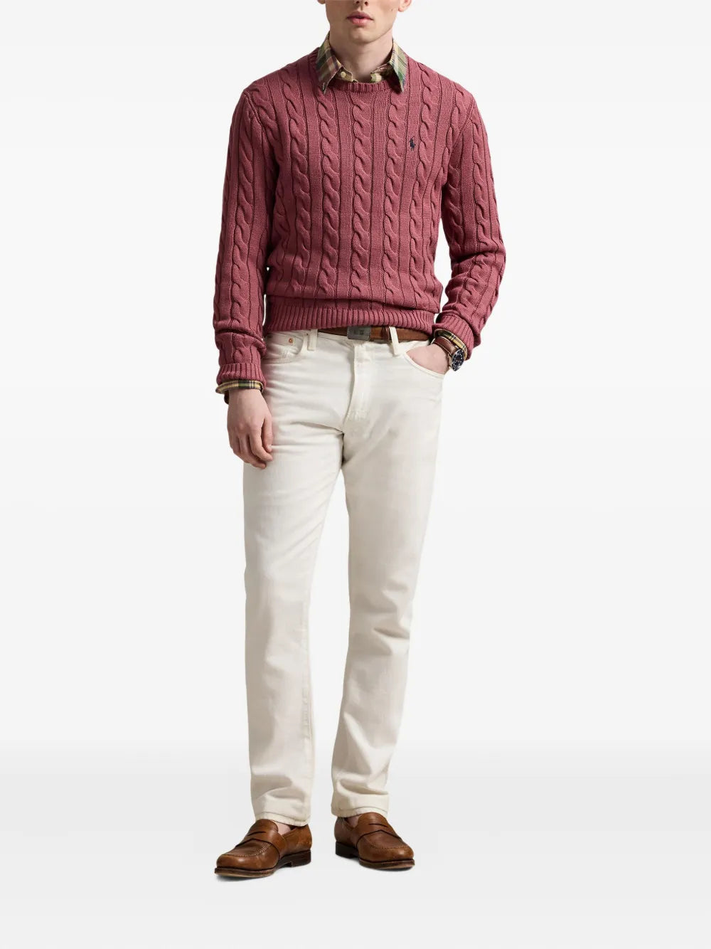 suéter de gola redonda em tricô trançado