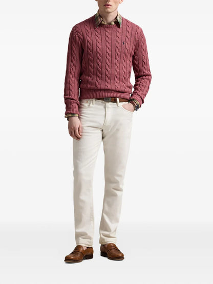 suéter de gola redonda em tricô trançado